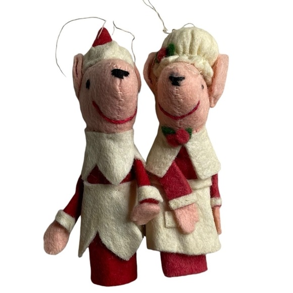 Vintage Mid Century Felt Mouse Christmas Ornaments Mr. Mrs Claus - Picture 1 of 5